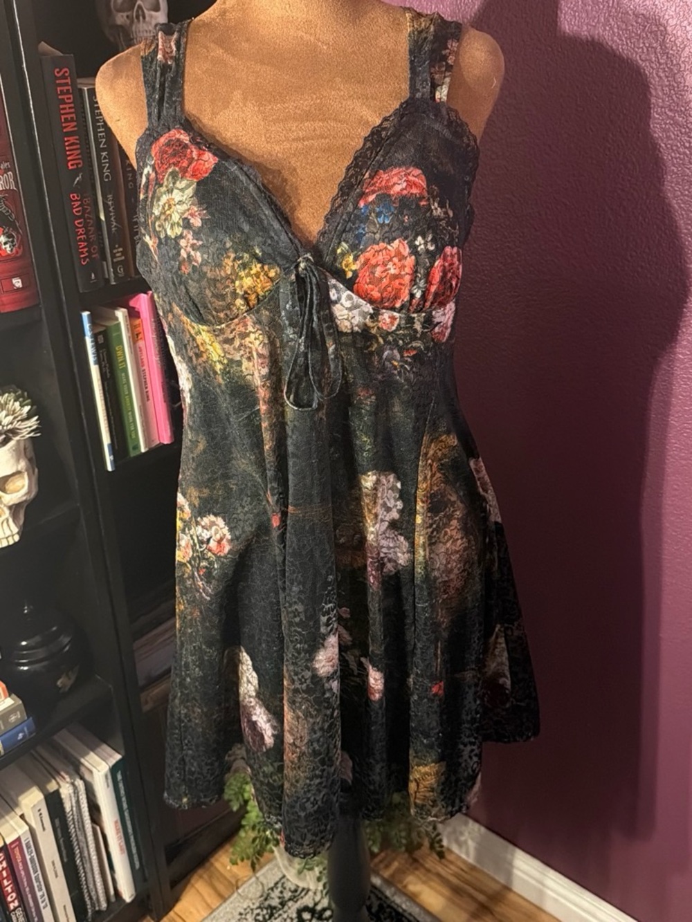 Floral Lace-Trim Black A-Line Dress